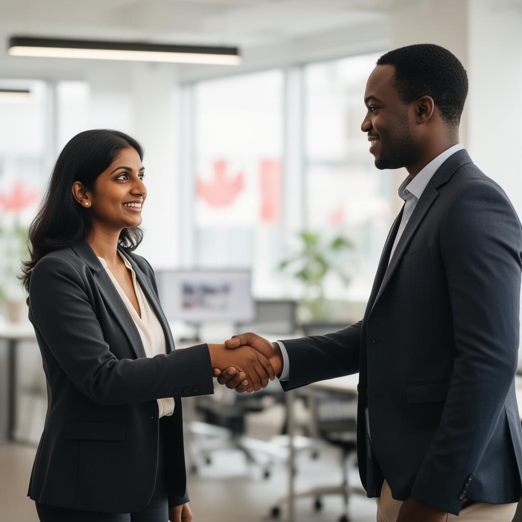 Two diverse professionals shaking hands in a modern Canadian office