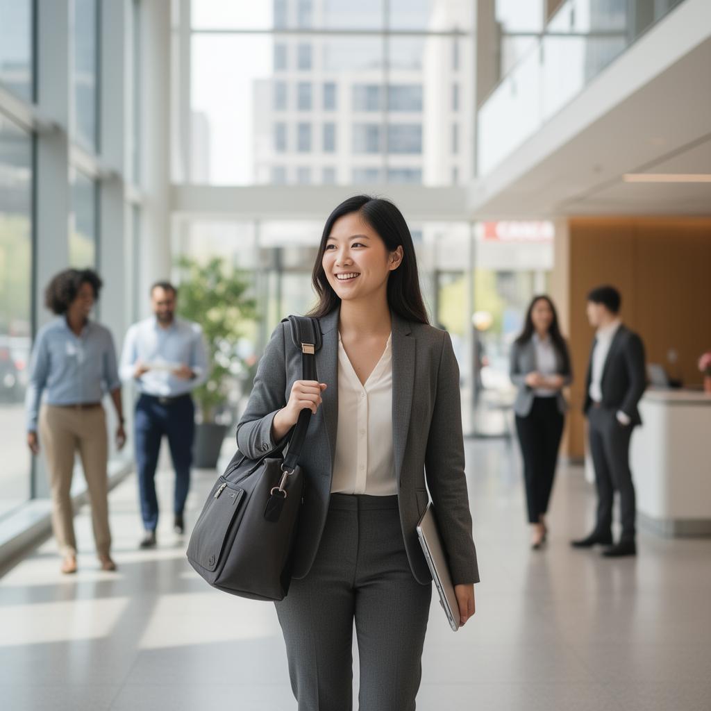 Confident bilingual professional walking through a downtown Canadian office lobby